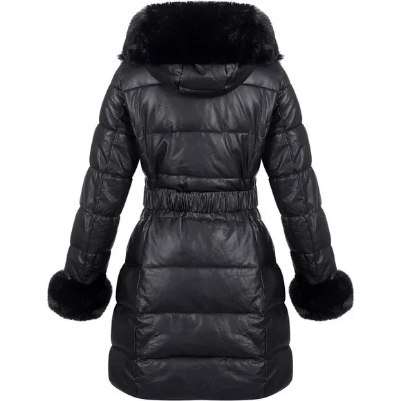 Women Puffer Coat/Parka with Long Fur Collar Hooded Winter Fashion Belted-Black - Picture 2 of 6